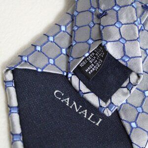 CANALI Tie 100% Silk -Made in Italy- Silver & Blue Square Pattern